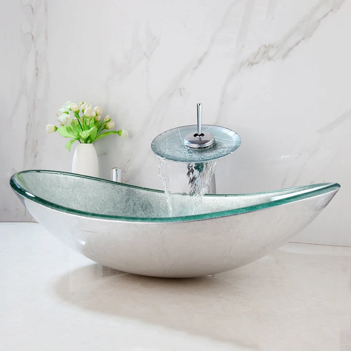 JIENI Silver Hand-Paint Art Round Bathroom Glass Basin Sink Faucet Round Basin Bath Vanity Chrome Brass Faucet Set Tap Mixer Set