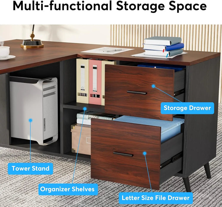 87” Extra Large Executive Desk with 51” File Cabinet,L-Shaped Office Desk with Drawer and Storage Shelves,Business Furniture Set