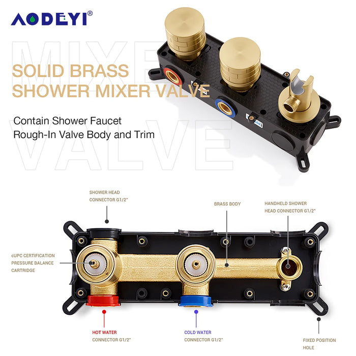 Bathroom Shower System Set Brushed Gold Hot Cold Faucet Bath Mixer Tap Brass Diverter Handheld Rainfall Head Ceiling Arm Kit