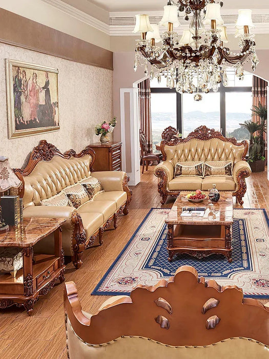 Leather sofa solid wood suite villa first floor leather living room luxury retro sofa