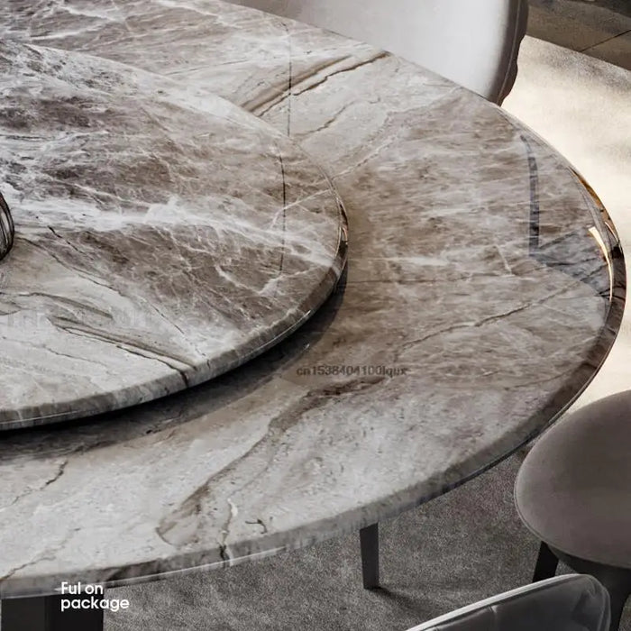 Modern Kitchen Furniture Table Set Natural Texture Marble Desktop Black Carbon Steel Frame Round Dinning Tables With Turntable