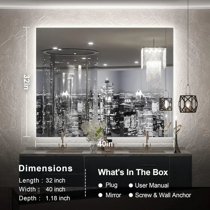 40 x 32 Inch LED Backlit Bathroom Vanity Mirror,Anti-Fog, Touch Button,Water Proof, Horizontal/Vertical Wall Mounted with Light
