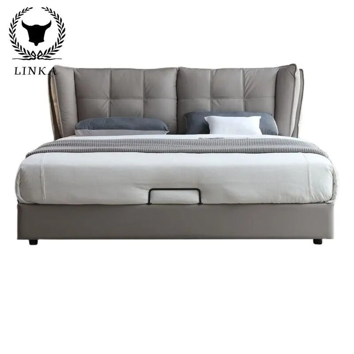 Italian style light luxury modern minimalist master bedroom leather headboard cowhide leather bed Nordic double bed