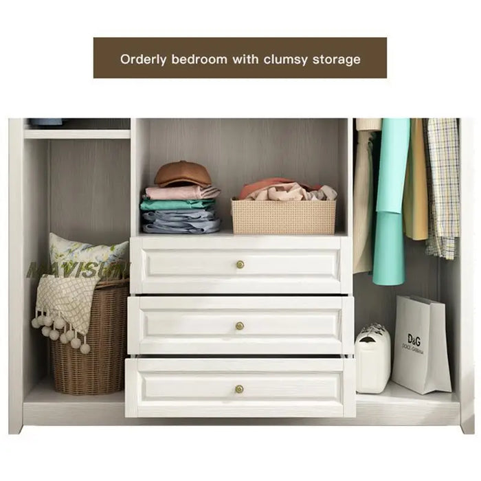 American Solid Wood Simple Bedroom Cupboard Cloakroom White Wardrobe Four-Door Large Closet Storage Cabinet Modular Shelves