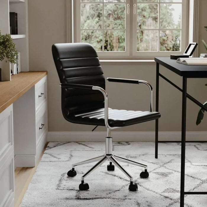 Taytum Upholstered Office Chair in Black/Polished Nickel, Office Furniture,25.5"W X 25.5"D X 36.25"H