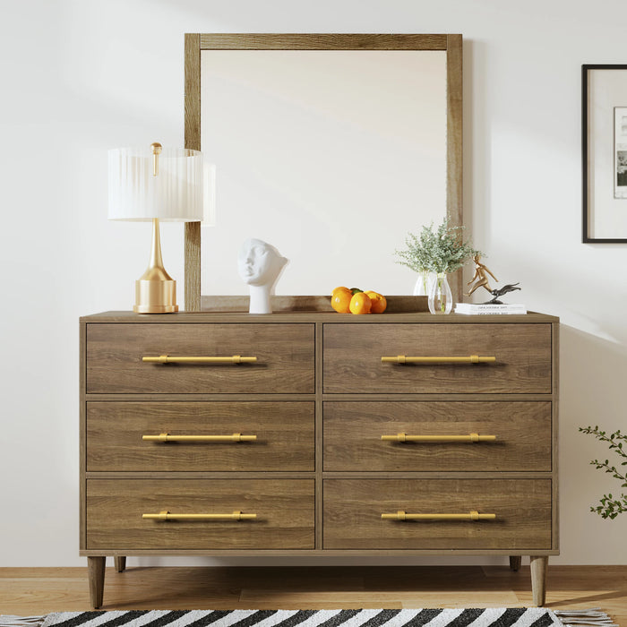 Mid-Century Modern Dresser  Side Table with Golden Handles, Six-Drawer, Natural Walnut（mirror not included）
