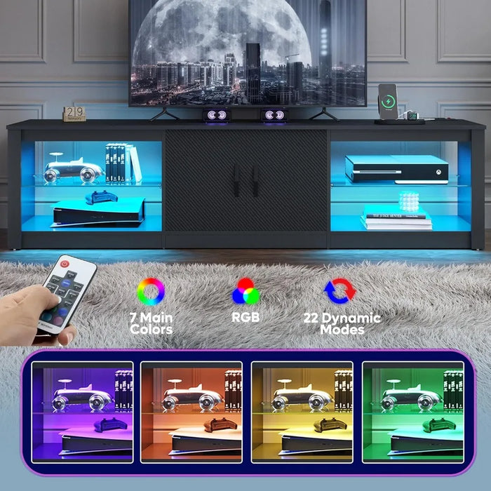 Adjustable Glass Shelves Two Cabinets for 75inch Led TV Stand Modes Modern LED Corner Console Living Room Black Display Cabinet