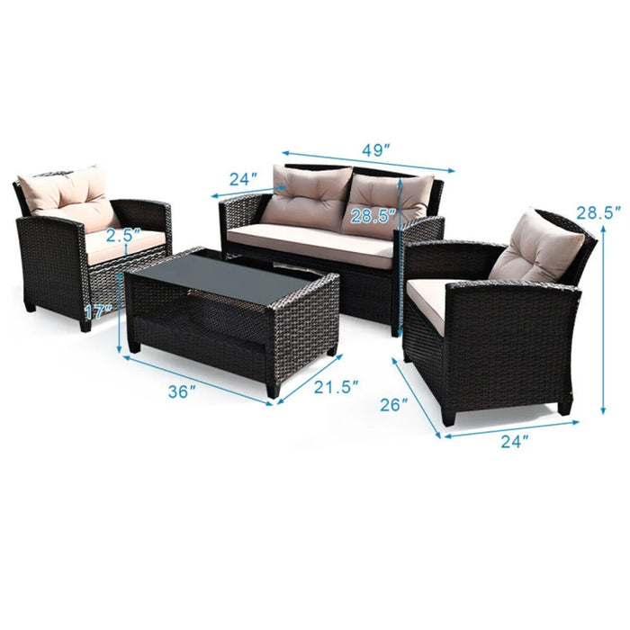 4 Pieces Patio Rattan Conversation Furniture Set with Glass Top Coffee Table Garden Outdoor Sets