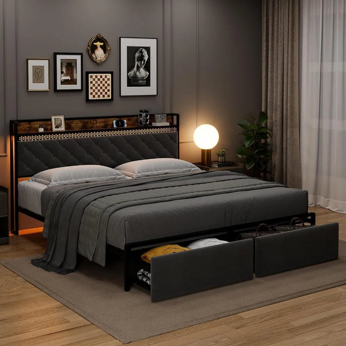 Storage Headboard Bedroom Furniture Noiseless Beds and Furniture for Home Large Bed Frame No Box Spring Required Queen Frames