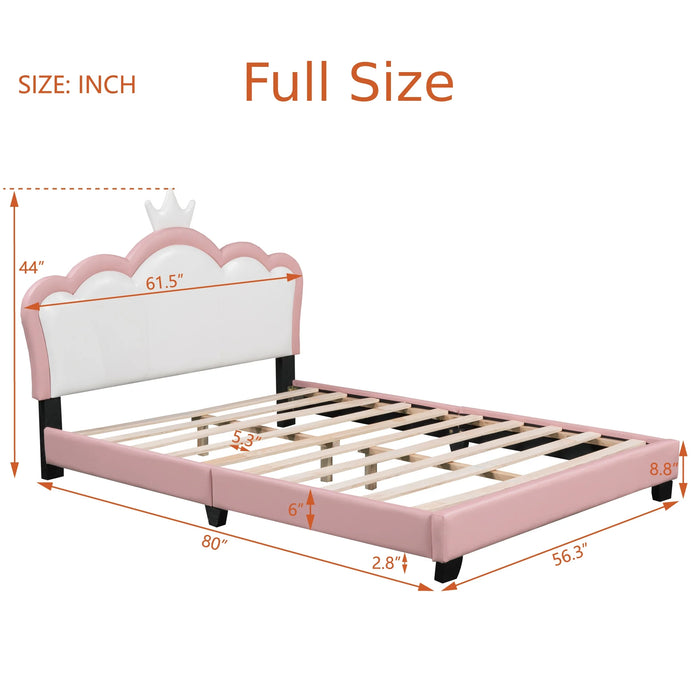 [Flash Sale]Full/Twin Size Upholstered Princess Bed With Crown Headboard&Footboard PU Platform Bed Frame White+Pink[US-W]