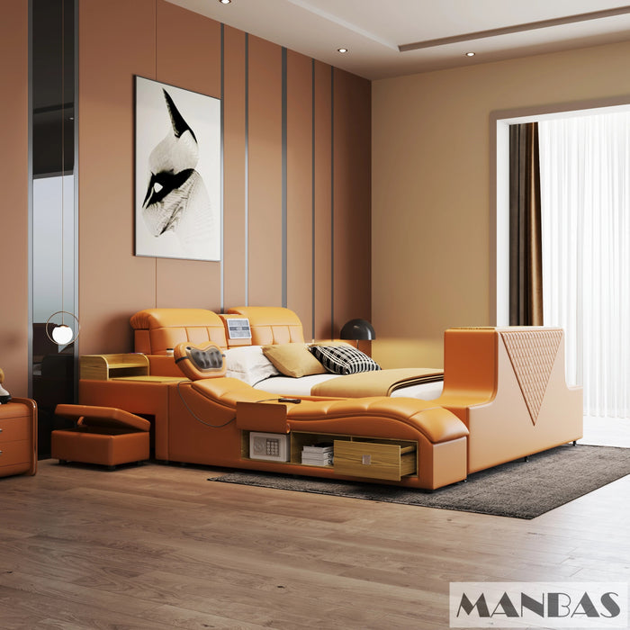 MINGDIBAO Ultimate Bed - Tech Smart Bed with Genuine Leather, Multifunctional Bed Frame, Massage, Speaker, Air Purifier and Safe