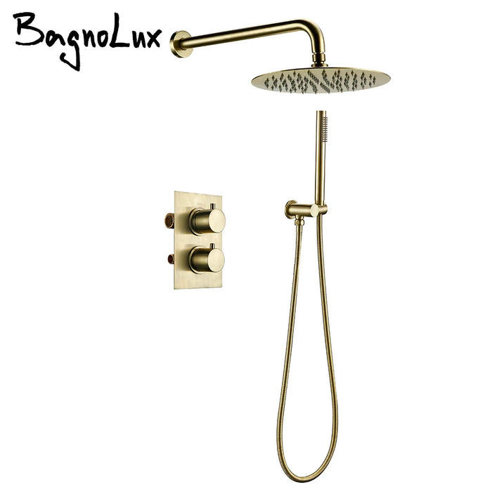 Solid Brass Thermostatic Mixer Diverter Set Brushed Gold Bath Bathroom Shower Head Rianfall Luxury Combo Faucet Wall Mount Arm