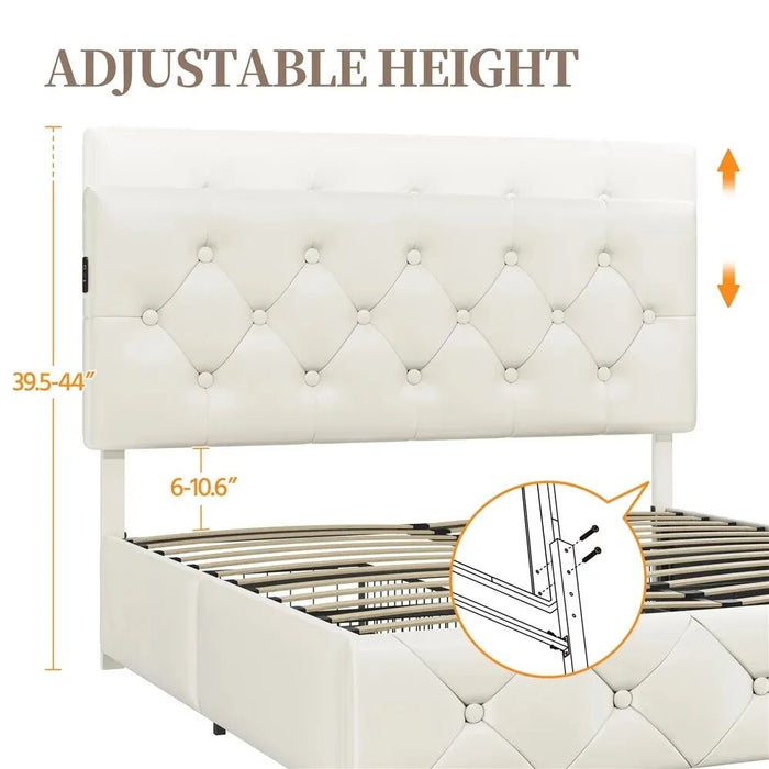 Faux Leather Upholstered Bed With 4 Storage Drawers and USB Ports Beige Cabin Bed Base & Frame Queen Bedroom Beds & Furniture