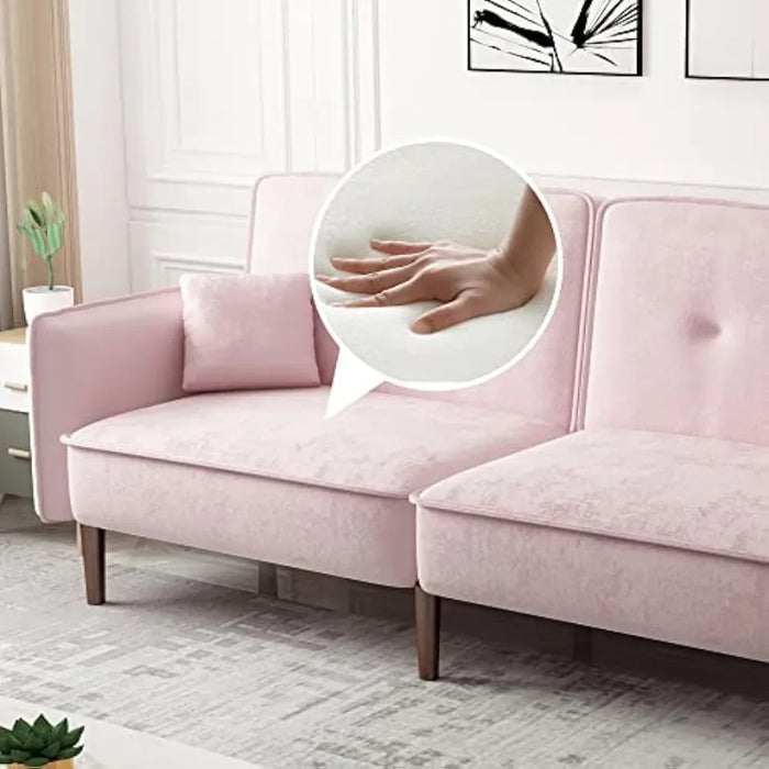 Leisure Velvet Futon Sofa Bed with Adjustable Back, Convertible Sleeper Couch Chaise with 2 Pockets, Upholstered Loveseat, Pink