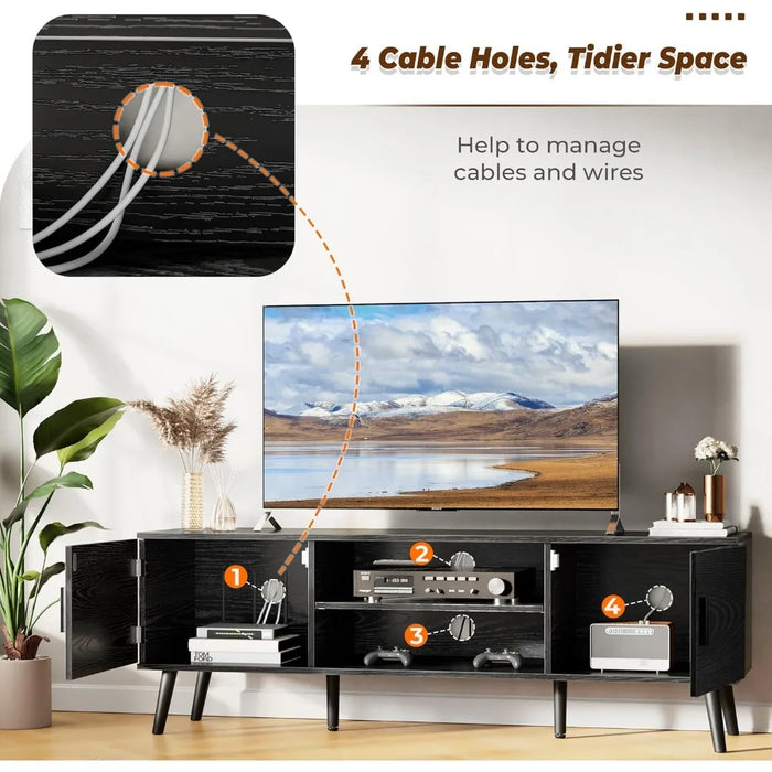 Media Console Furniture for Tv Stands 2 Cabinets Tv Stand Living Room Furniture Cord Holes Bedroom Solid Wood Feet Black Cabinet