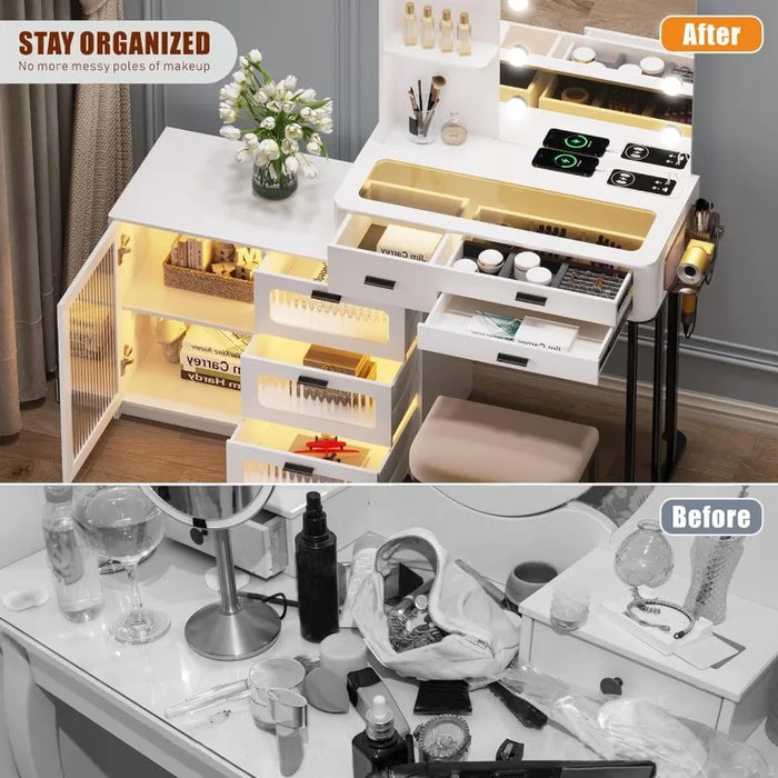 Vanity Makeup Set with Mirror Lights: White Dressing Table with 6 Drawers/Large Storage - Vanity Makeup Table