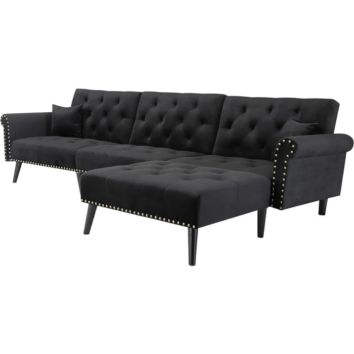 Velvet Convertible Sleeper Puffs Sofa Living Room Sofas Button Tufted Sectional Futon Sofa Bed Black Air Single Modern Furniture