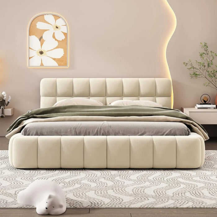 Linen Low Platform Bed Beds and Furniture for Home Modern Queen Size Upholstered Bed Frame Wingback No Spring Required Bedroom
