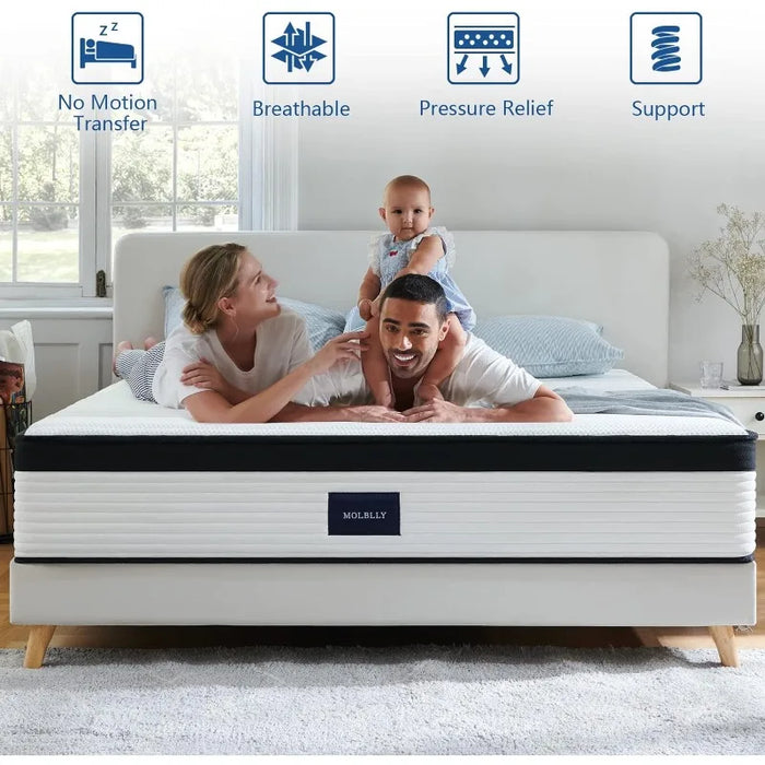 Molblly Queen Mattress, 12 inch Innerspring Mattress in a Box, Ultimate Motion Isolation Individually Wrapped Pocket Mattress