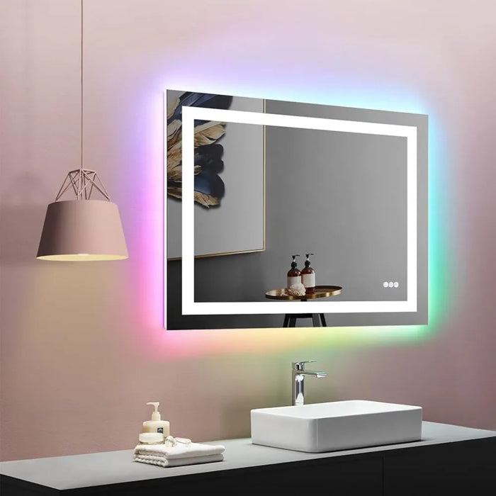 Bathroom Mirror With Light, Anti Fog, Dimmable, RGB Backlight+front Lighting, For Wall Mounted Bathroom Vanity Mirror