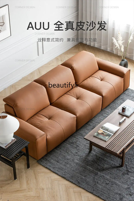 Leather Corner Sofa First Layer Cowhide Italian Style Minimalistic Straight Row Three-Seat Tofu Block Sofa  living room sofa