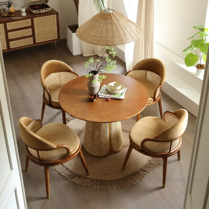 Modern Creative Homestay Dining Room Solid Wood Round Dining Tables Small Apartment Rattan Dining Table and Chair Set Furniture