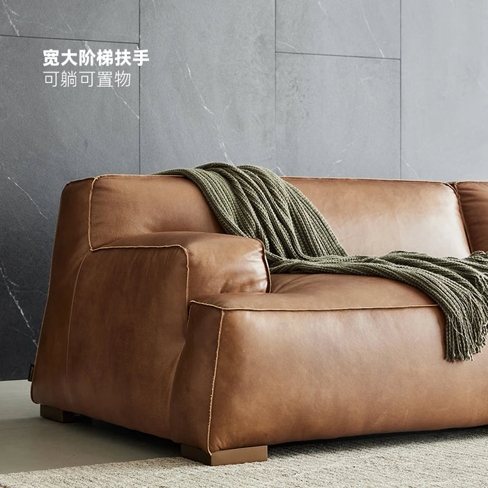 Luxury Italian minimalist leather sofa, living room, leather art, three person seat, top layer cowhide, Yunyu Damascus leather