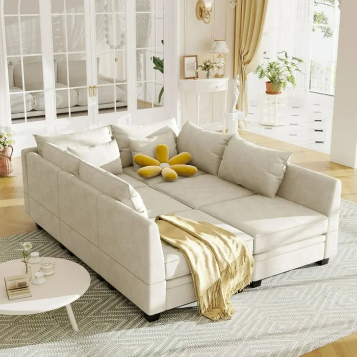115" Large U/L Shaped Sectional Sofa with Storage Seat and Removable Cushions, Beige, 6 Seat Convertible Couch Sleeper Bed