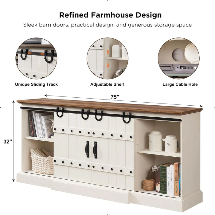 OKD 75" Farmhouse TV Stand for TVs Up to 85 Inches, Large Rustic Entertainment Center with Sliding Barn Door, Tall Highboy