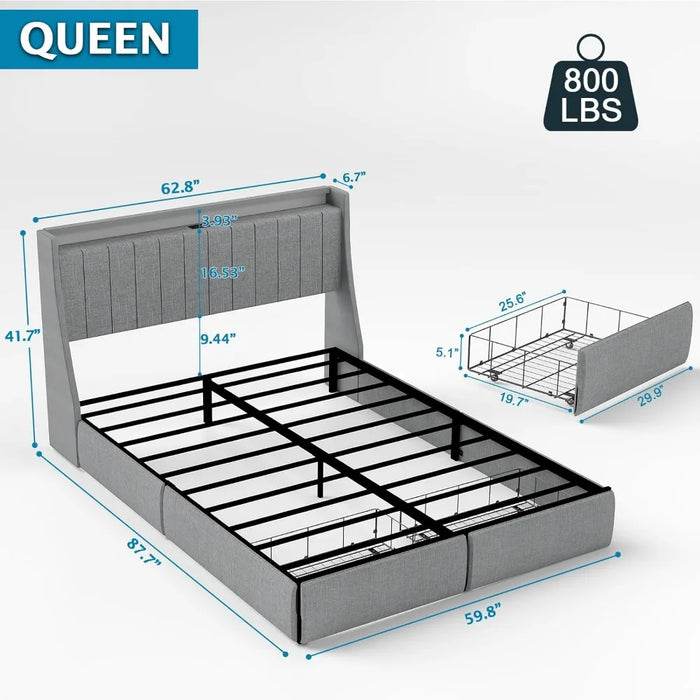Bed Frame, LED Remote Control Grey 1-tier Storage Headboard with 2 Storage Drawers Padded Tufted Wing Back Bed Frame