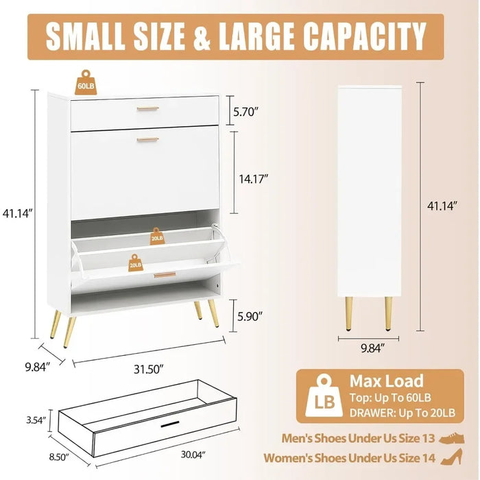 Shoe cabinet freestanding shoe rack organizer with 2 flip-out drawers and top drawer cabinet, living room furniture cabinet