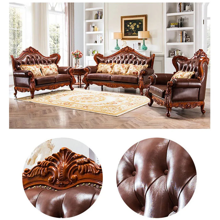 American Leather Art Carved Sofa European-style Solid Wood Combination Furniture Large ApartmentvLiving Room Home Furniture