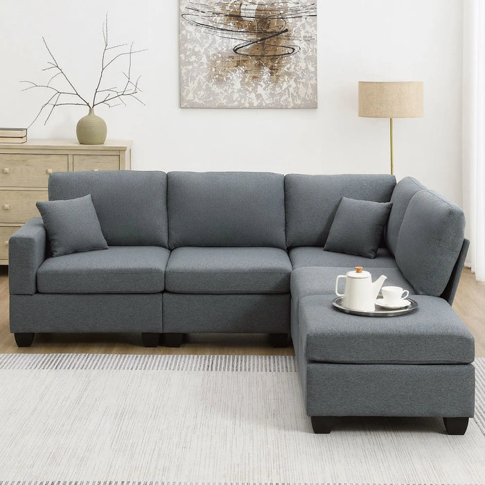 Modern Sectional Sofa,5-Seat Modular Couch Set with Convertible Ottoman,L-Shape Linen Fabric Corner Couch Set with 2 Pillows