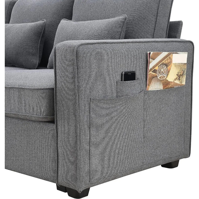 Living room sofa 104" linen sofa with armrest pockets, minimalist 4-seater sofa, dark grey