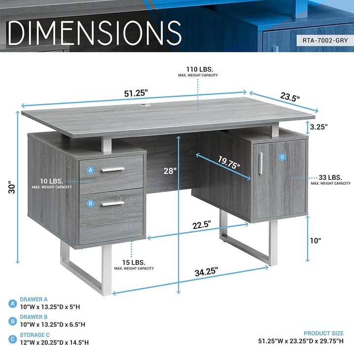 Modern Office Desk with Storage, Wide Home Office Computer Desk with Storage Cabinet and Hanging File Cabinet, Gray
