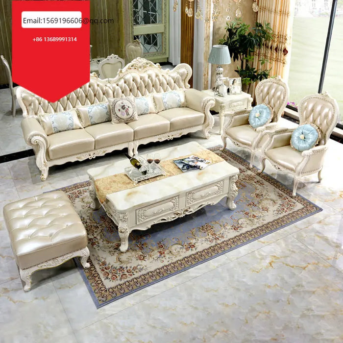 European sofa 123 combination three-person four-person inline leather solid wood sofa luxury villa living room furniture