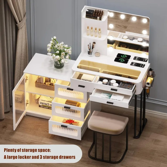 Vanity Makeup Set with Mirror Lights: White Dressing Table with 6 Drawers/Large Storage - Vanity Makeup Table