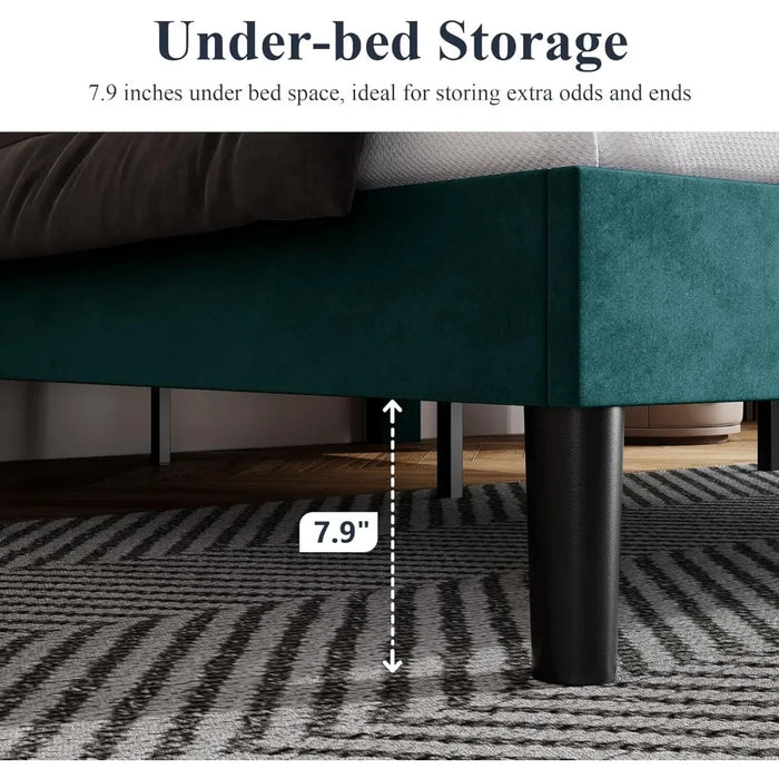 King size bed frame, velvet padded platform bed with adjustable diamond button tufting and nail head decoration headboard, bed