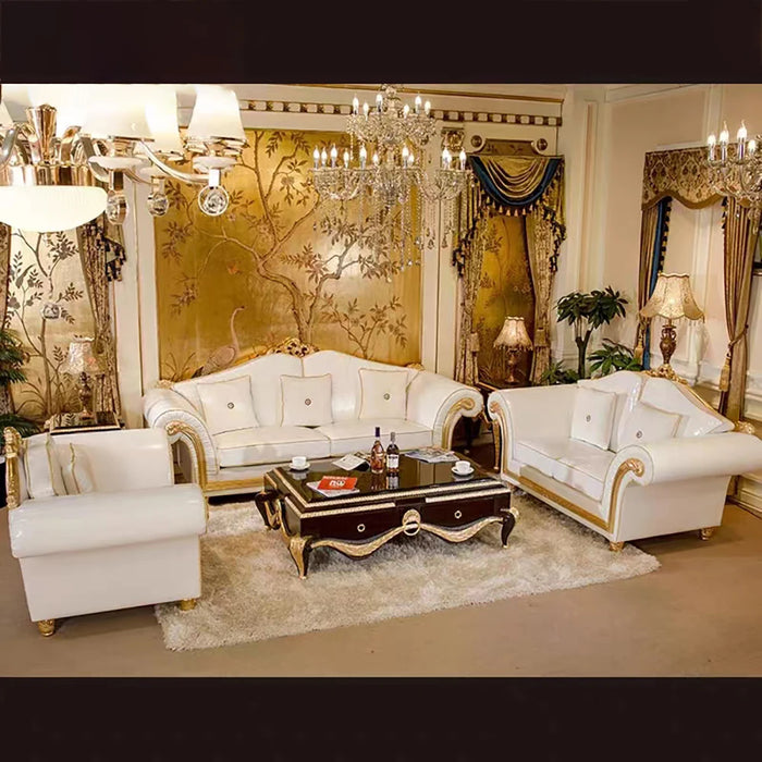 European style luxury combination sofa solid wood carving golden three person sofa whole leather large family ssttee