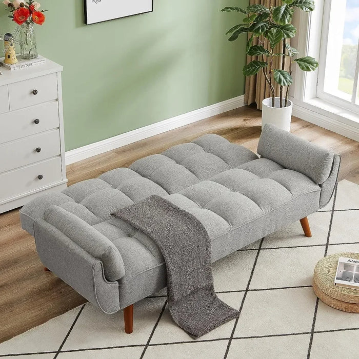 Modern Convertible Tufted Linen Upholstered Futon Sofa Daybed W/2 Pillows Luxury Sofa in the Living Room Overstuffed Comfy Home