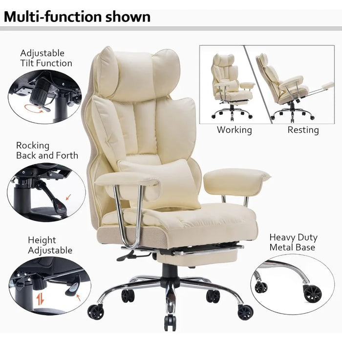 Big High Back PU Leather Executive Office Chair With Leg Rest Computer Gaming Chair on Wheels Lumbar Support and Swivel Armchair