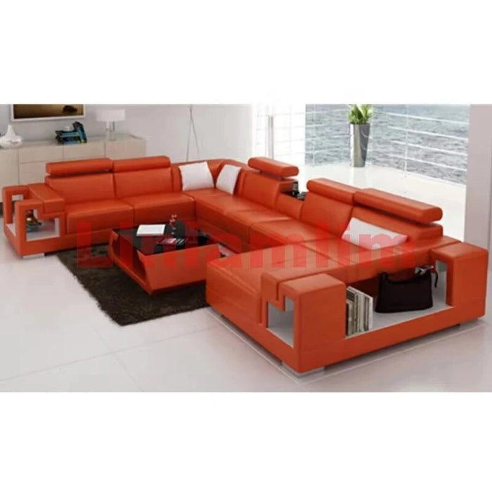 Linlamlim Italian Genuine Leather Sectional Sofa Futuristic Furniture U Shape Couch Living Room Big Sofas Set with Coffee Table