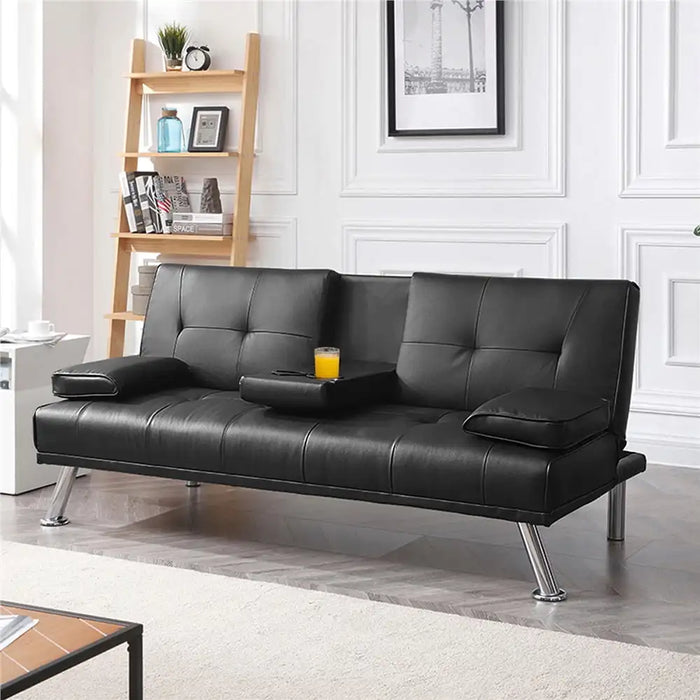 Easyfashion Modern Faux Leather Futon with Cupholders and Pillows, Black
