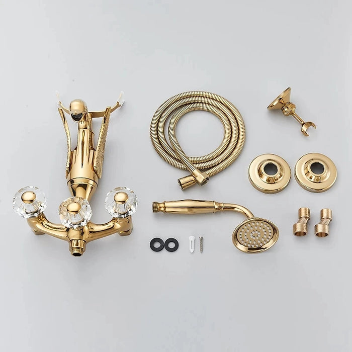 Bathroom Wall Mounted Bathtub Faucet Gold Swan Crystal Handle Bath Chrome Shower  Hot Cold Water Mixer Tap