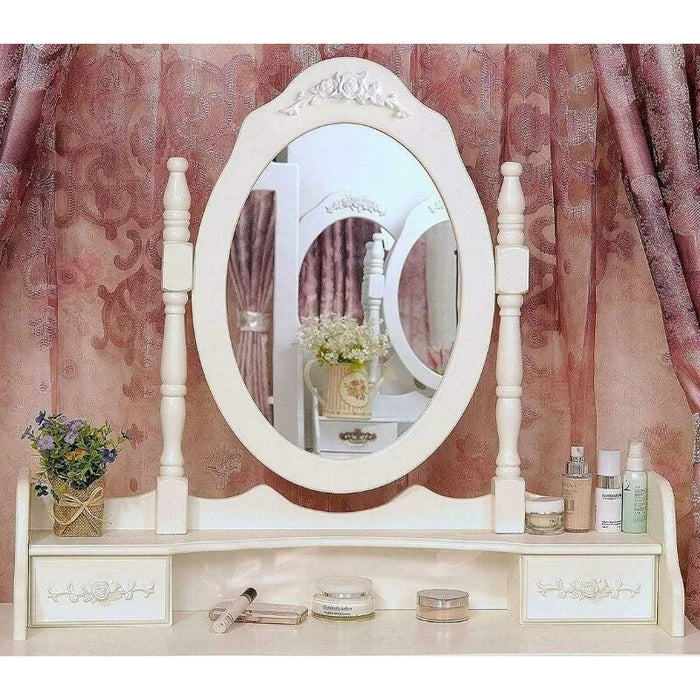 White Vanity Jewelry Makeup Dressing Table Set W/Stool 4 Drawer Mirror Wood Desk,Dressers for  Bedroom Furniture