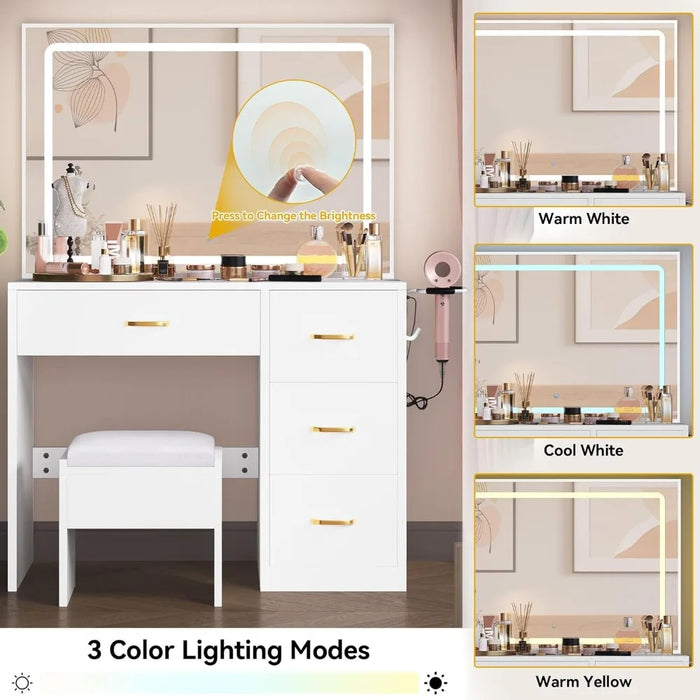 Makeup Vanity Desk with Large Lighted Mirror with Power Outlet and LED Strip, Milky-White