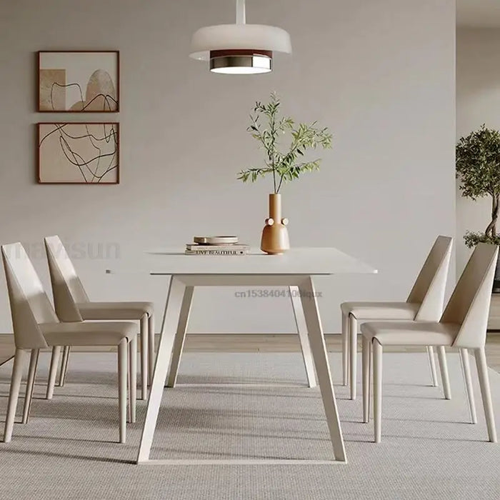 Mavisun Italian Dining Table Set 6 Chairs In Ivory Home Decore White Finish Sintered Stone Rock Plate Top Concise Kitchen Table