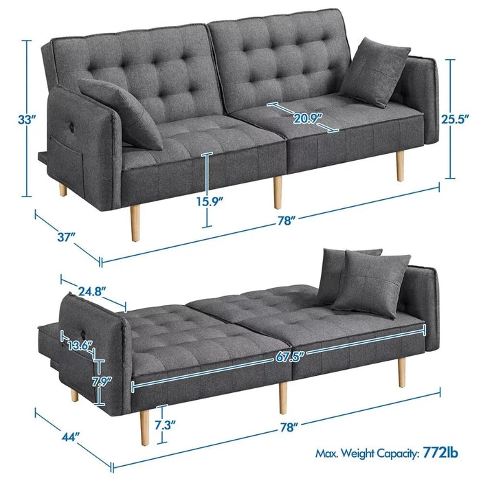 Alden Design Memory Foam Convertible Futon Sofa Bed with USB, Gray Living Room Furniture,  Couch, Sofa Bed