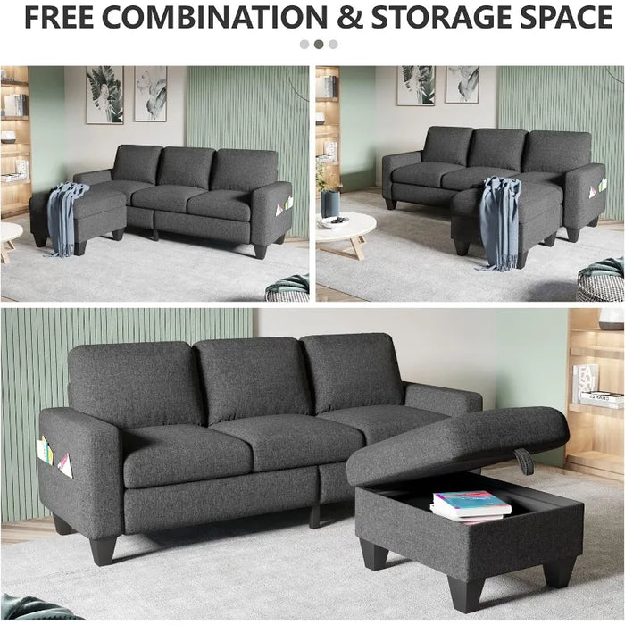 Convertible Sectional Sofa L-Shaped Couch, Couches with Reversible Chaise, 3-Seat Modern Linen Sectional Couches for Living Room