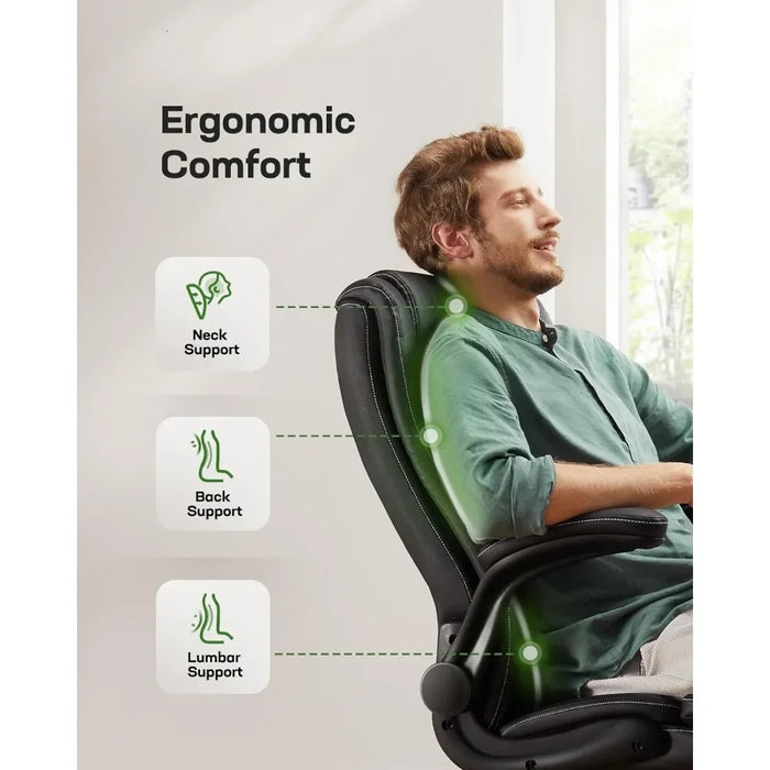 Office Chair with Flip-up Armrests,PU Leather Ergonomic Height-Adjustable Swivel Rolling Computer Desk Chairs,Black